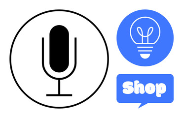 Black outline microphone inside circle next to light bulb icon above blue speech bubble featuring Shop text. Ideal for podcasts, online shopping, audio products, technology, and innovation themes