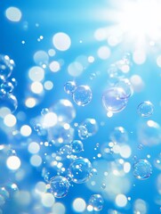 Delicate bubbles rise through crystal clear blue water, reflecting sunlight and creating a serene, enchanting ambiance in the scene