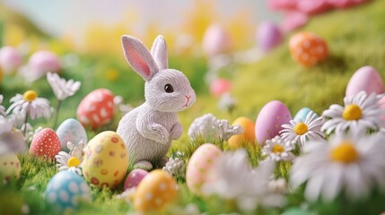 Fototapeta premium White Bunny and Colorful Easter Eggs in a Field of Daisies