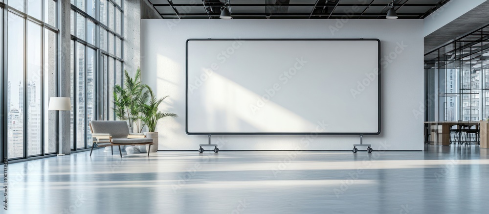 Poster Modern loft office interior with a blank whiteboard, a chair and a large window.