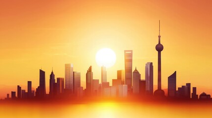 Obraz premium City skyline silhouette with iconic landmarks and tall buildings, set against a fiery orange sunset.