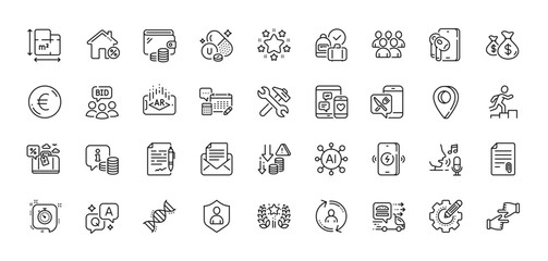Loan house, Chemistry dna and Stars line icons pack. AI, Question and Answer, Map pin icons. Ranking, Attachment, Click hands web icon. Agreement document, Augmented reality, Repair pictogram. Vector