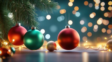 Classic Christmas balls in deep red and emerald green, hanging from a festive tree, surrounded by glowing lights and ornaments.