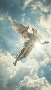 Icarus statue suspended in air, embodying the moment between flight and descent through clouds