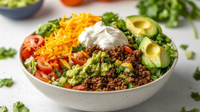 A keto taco salad bowl with ground beef, cheese, guacamole, and sour cream, styled against a bright, vibrant kitchen backdrop