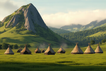 Traditional teepee village at the foot of a mountain during a sunny afternoon