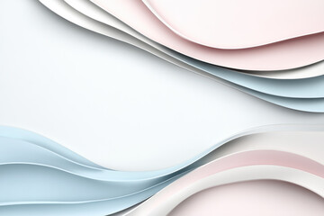 Abstract geometric pastel color paper texture background frame with curved shapes and line in light blue, pale pink and white colors
