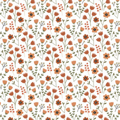 Floral seamless pattern in Scandinavian style. Flowers and berries on white. Hand drawn design for print, paper, design, fabric, gift wrap, decoration, background. Vector illustration