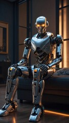 Fototapeta premium futuristic android stands in a modern living room, its metal shell gleaming under the warm ambient light