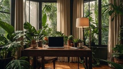 Obraz premium A stylish home office setup with a person working on a laptop, surrounded by plants, coffee, and natural light, reflecting the modern remote work trend.