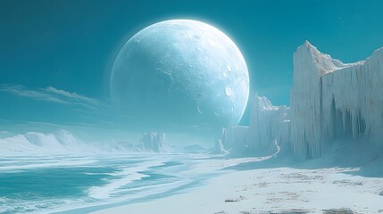 This serene and otherworldly landscape showcases an expansive frozen terrain flanked by towering ice cliffs. 
