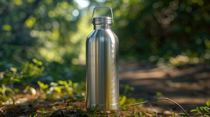 A stainless steel water bottle resting on grassy terrain, with potential uses in outdoor, nature, and lifestyle scenes