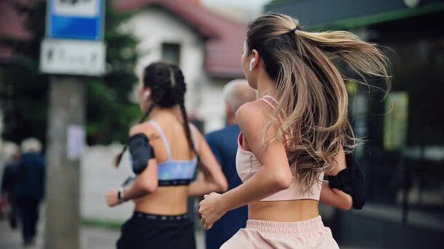 Close-up slow-motion footage of a young woman running in an urban marathon.