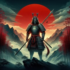 Naklejka premium A samurai stands majestically against a dramatic sunset, embodying strength and tradition.