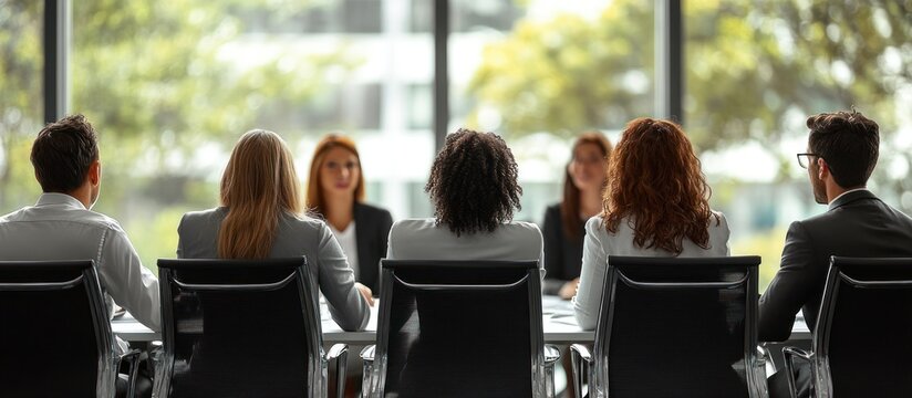 Rear view of businesspeople sitting at a table in a conference room during a meeting.