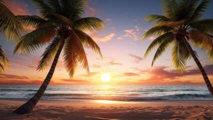 Fototapeta na wymiar A serene beach scene at sunset with palm trees framing the view.