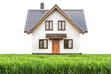 A small white house sits atop a lush green field