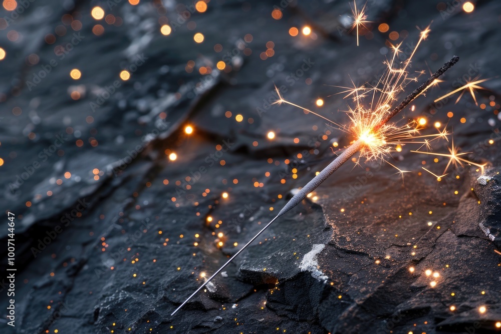 Poster a close-up view of a sparkler lit and placed on a rock, perfect for use in summer or fireworks-theme