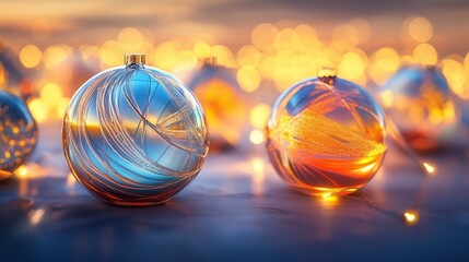 Obraz premium Close-up of glass Christmas balls with intricate patterns and festive colors, capturing the magic of holiday tree decorations.