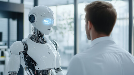 Humanoid artificial intelligence robot working in the office of a global high-tech corporation