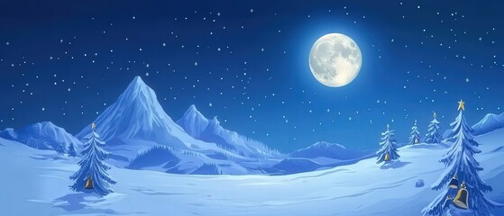 A snowy landscape with a large moon in the sky