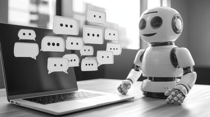 Fototapeta premium Small AI assistant chatbot stands next to a laptop and waits for prompts to help with work