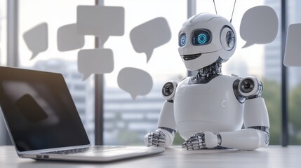 Fototapeta premium Small AI assistant chatbot stands next to a laptop and waits for prompts to help with work