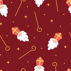 Seamless pattern with Sinterklaas or Saint Nicholas face, his staff and stars on dark red background. Hand drawn winter holiday theme wallpaper. Saint Nicholas Day. Vector illustration.