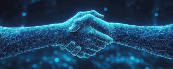 Digital handshake formed by two hands symbolizing technology and collaboration in a futuristic network environment