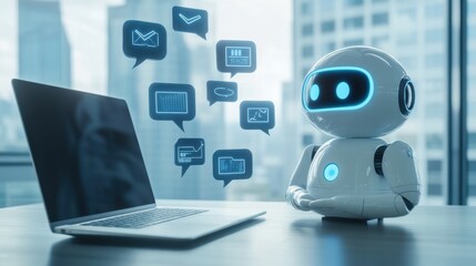 Small AI assistant chatbot stands next to a laptop and waits for prompts to help with work