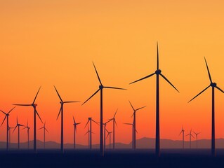 Fototapeta premium A serene landscape featuring numerous wind turbines silhouetted against a vibrant sunset sky, illustrating sustainable energy production.