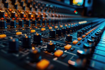 Obraz premium Close-up shot of a sound board in a recording studio, used for mixing and editing audio