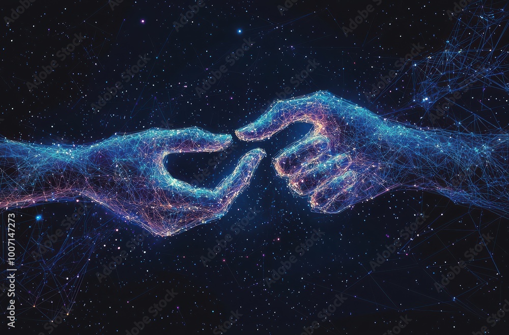 Poster two digital hands reaching towards each other in a cosmic space setting, representing connection and