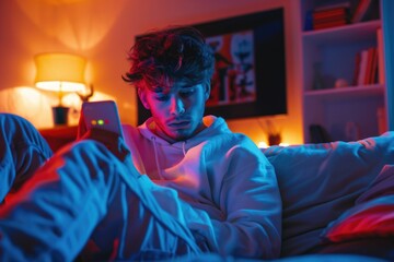 Obraz premium A person sitting on a couch using a cellphone, great for illustration of modern life or technology concept