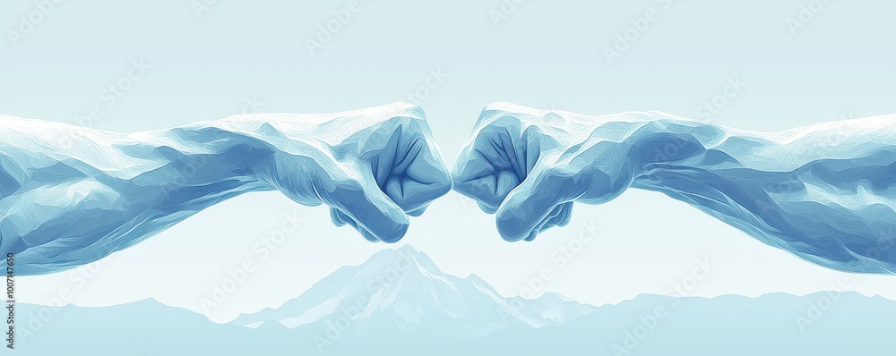 Poster art illustration of two fists bumping with a light blue gradient background depicting unity and team