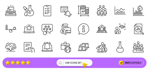 Interview, Global business and Ranking star line icons for web app. Pack of Business podium, Accounting report, Salary pictogram icons. Floor plan, Info, Court building signs. Search bar. Vector