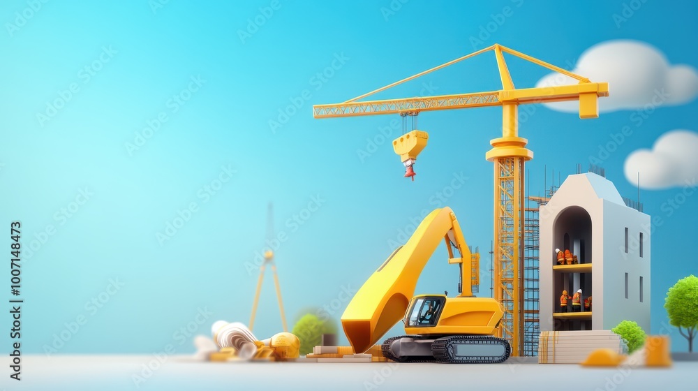 Poster construction site with cranes, scaffolding, and building materials, illustrating an active construct