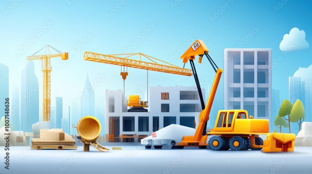 Poster construction site with cranes, scaffolding, and building materials, illustrating an active construct