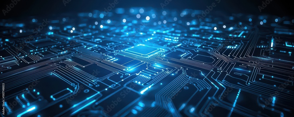Poster futuristic blue circuit board background with glowing lines and digital patterns representing modern