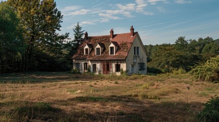 Obraz premium A vintage home surrounded by greenery, ideal for rustic or countryside-themed projects