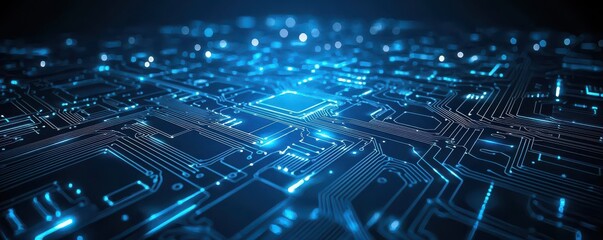 Futuristic blue circuit board background with glowing lines and digital patterns representing modern technology and innovation.