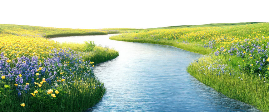 PNG Flowers fields river background.