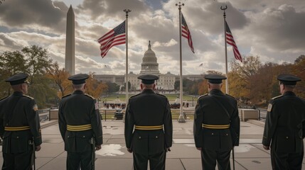 Veterans in Full Uniform at National Monument for National Day of Mourning with Flags at Half Mast