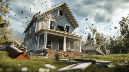 Photorealistic image of a house experiencing an earthquake with debris flying around
