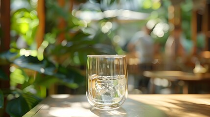 Obraz premium A refreshing glass of water with ice set on a wooden table surrounded by greenery