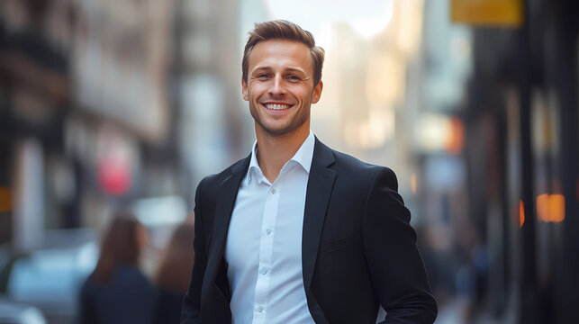 Morning Hustle: Handsome American Businessman Strolling to His Office