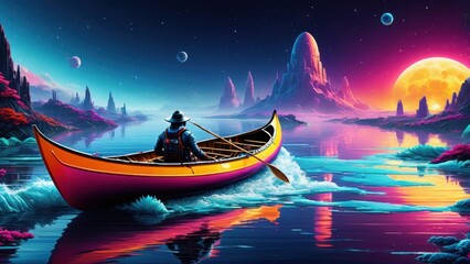 A serene cosmic landscape featuring a person canoeing under a vibrant sky with planets.