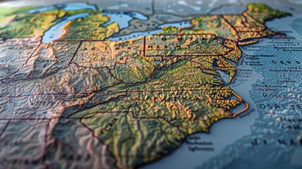 A detailed view of the United States map showing regional divisions and notable cities