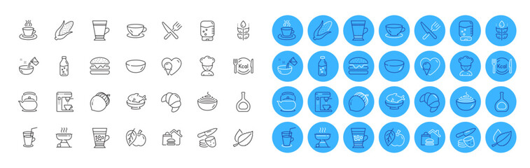 Food, Ice cream and Cognac bottle line icons pack. Pasta, Food delivery, Croissant web icon. Gluten free, Teapot, Seafood pictogram. Acorn, Potato chips, Grill. Water cooler, Espresso. Vector