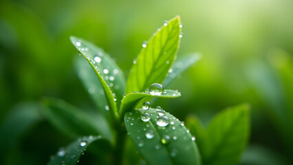 Fototapeta premium Close-up of fresh green leaves with dew drops, highlighting their vibrant texture in natural light